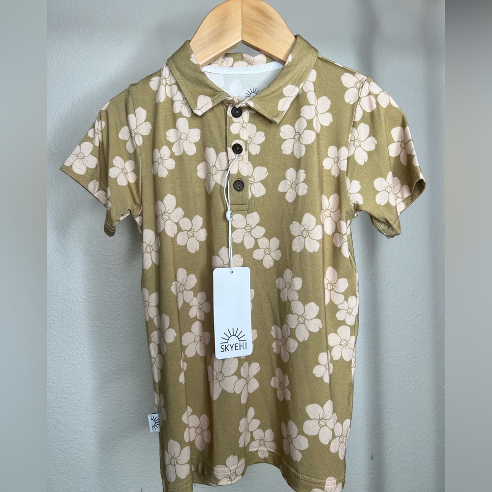 Skye Hi Hawaii Kids Floral Polo Shirt - Beige and Tan Puakenikeni size 4T